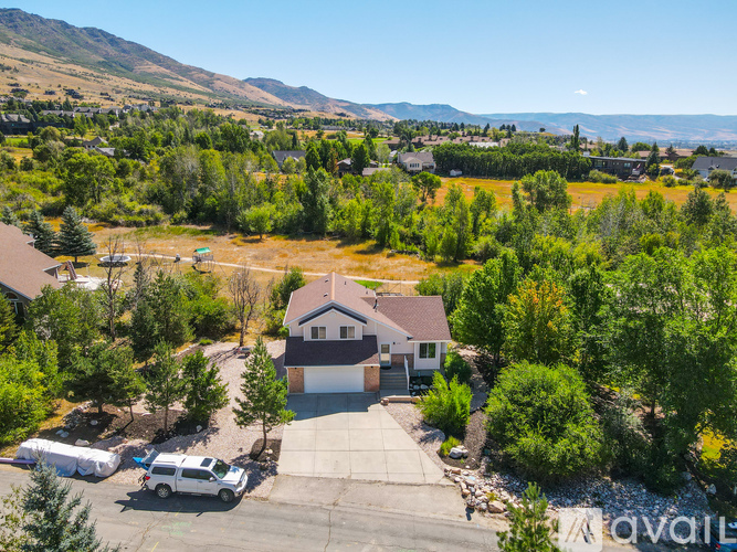 A house with a garage is surrounded by trees and has a mountain in the background.