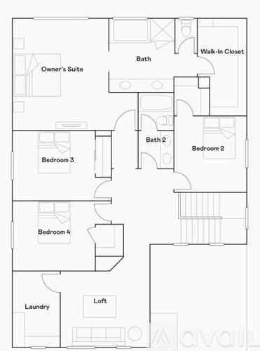 A floor plan of an apartment with a laundry room and four bedrooms.