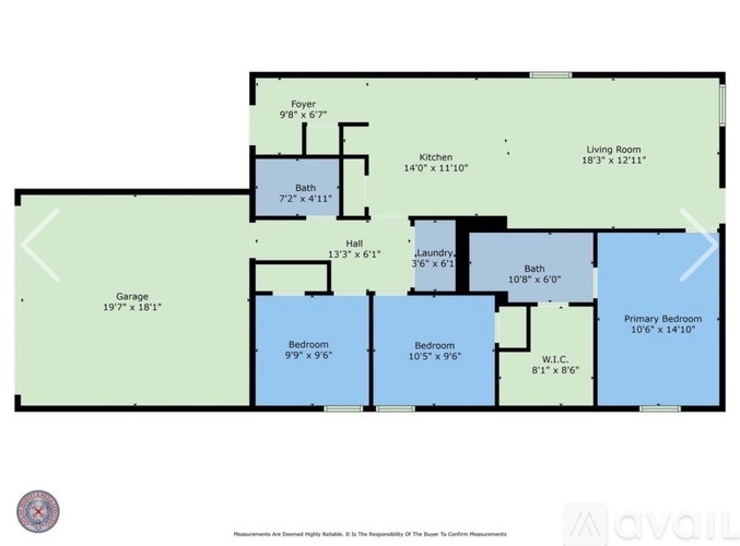 A floor plan of a house with a living room, two bedrooms, a kitchen, a bath, a laundry room, and a garage.