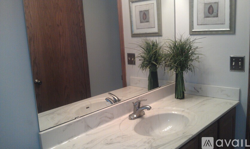 A bathroom with a marble countertop and a double sink.