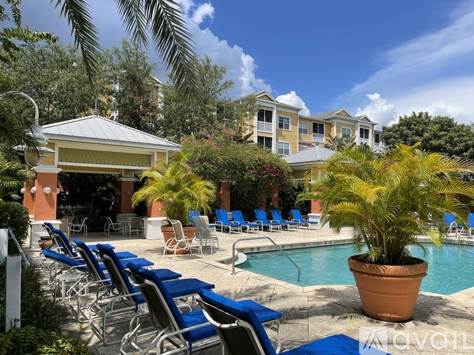 A poolside area with chairs and a building in the background.