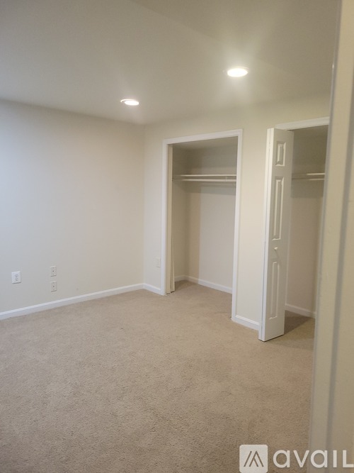 A room with a carpeted floor and two open closets.