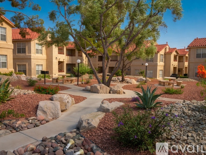 A residential area with apartment buildings and a well-maintained garden.