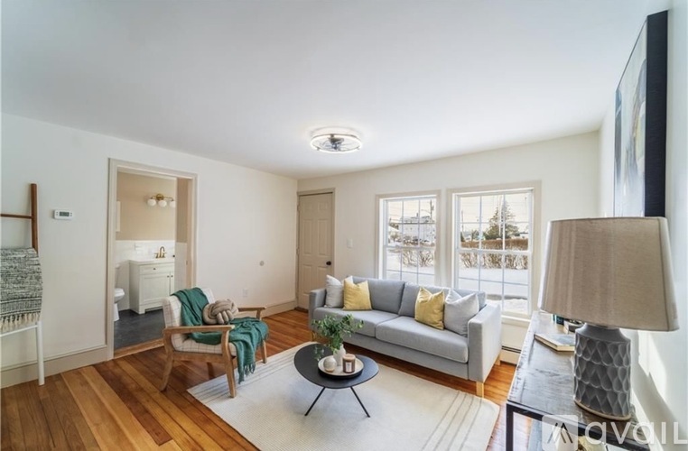 A living room with a grey couch, a wooden floor, and a large window.