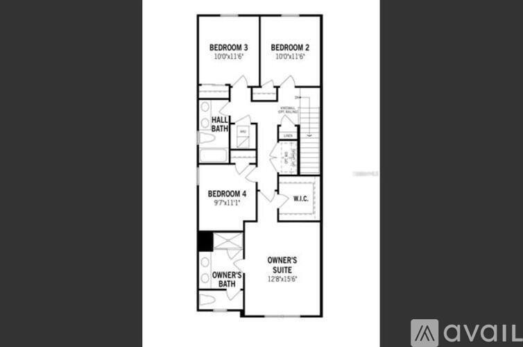 A floor plan of a house with four bedrooms and a bathroom.