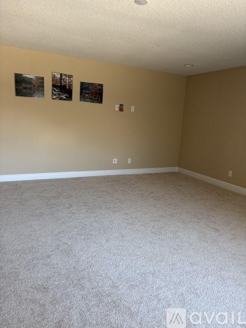 A room with a carpeted floor and three pictures on the wall.