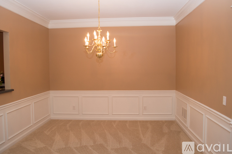 A room with a chandelier and a wall with a white panel.