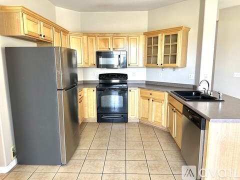 A kitchen with a black refrigerator and black oven.