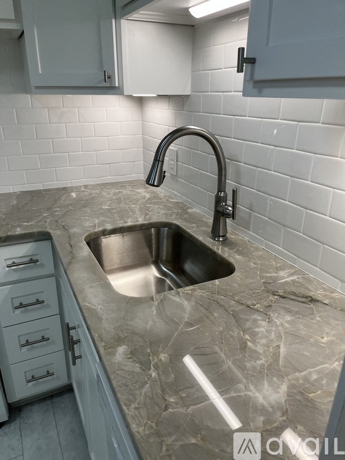 A kitchen with a sink and a countertop.
