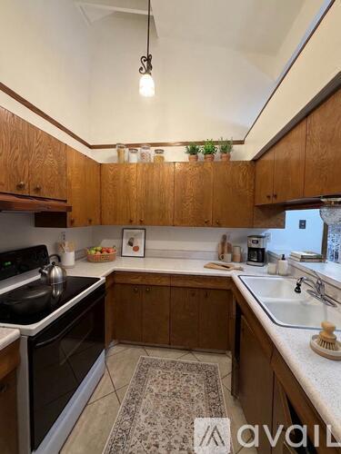 A kitchen with wooden cabinets and a rug on the floor.