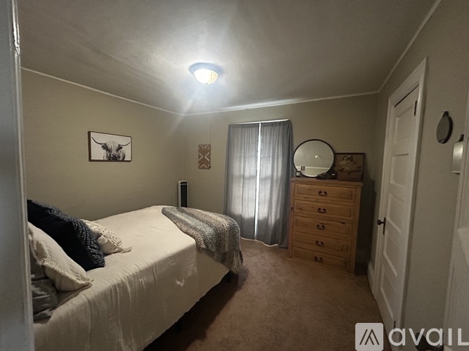 A bedroom with a bed, dresser, and mirror.