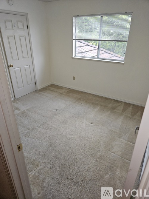 A room with a door, window, and carpeted floor.