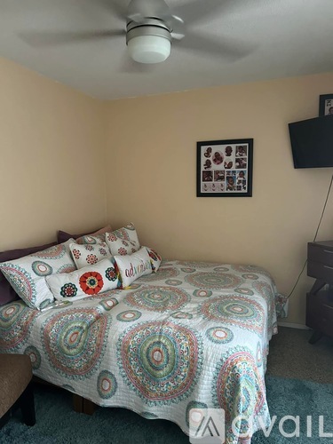 A bedroom with a bed, a ceiling fan, and a picture on the wall.