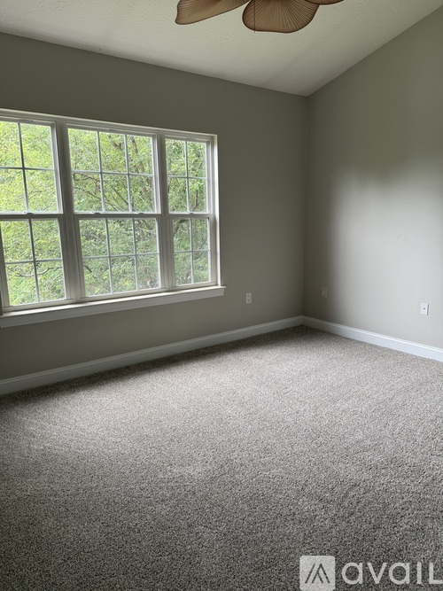 A room with a carpeted floor and a window.