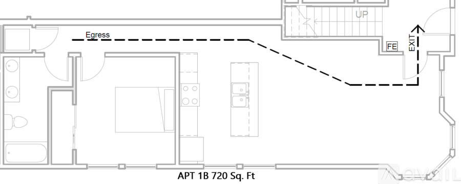 A floor plan of a building with an exit and an egress path.