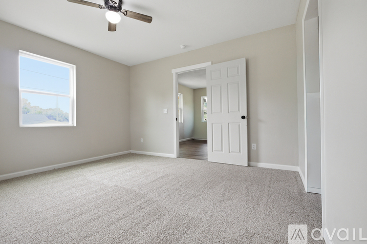 A room with a carpeted floor and a ceiling fan.