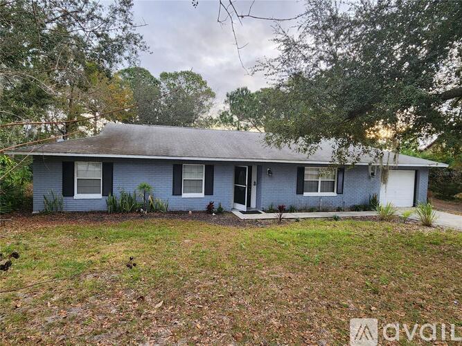A blue house with a white door and windows surrounded by trees.