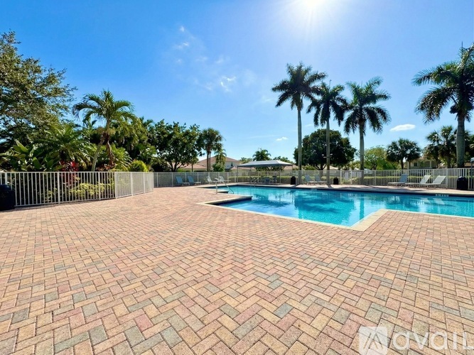 A sunny day at a pool surrounded by palm trees.