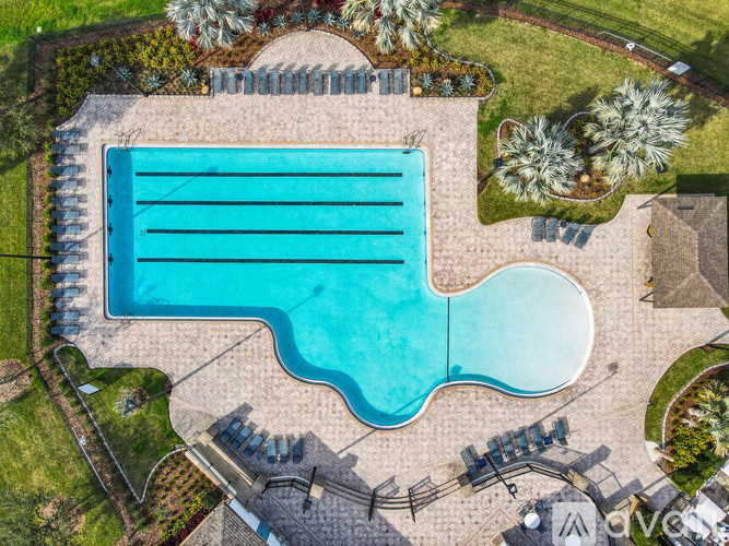 An aerial view of a swimming pool surrounded by a garden.