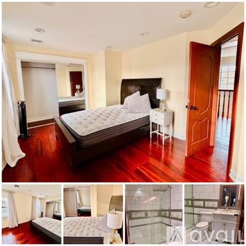 A bedroom with a large bed and a bathroom with a toilet and sink.