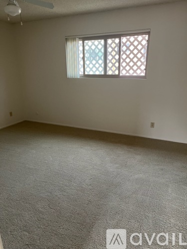 A room with a carpeted floor and a window with a lattice design.