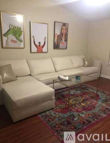 A living room with a white couch and a rug.