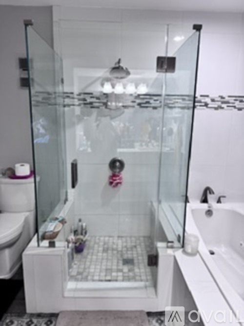 A bathroom with a glass shower enclosure and a white bathtub.