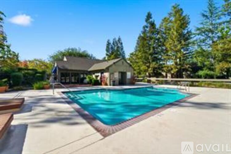 A swimming pool surrounded by a concrete patio and a wooden bench.