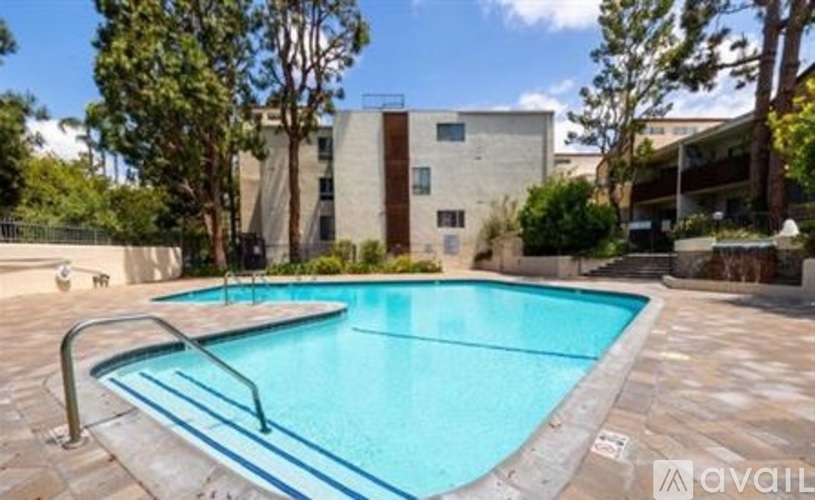 A swimming pool surrounded by trees and a building in the background.
