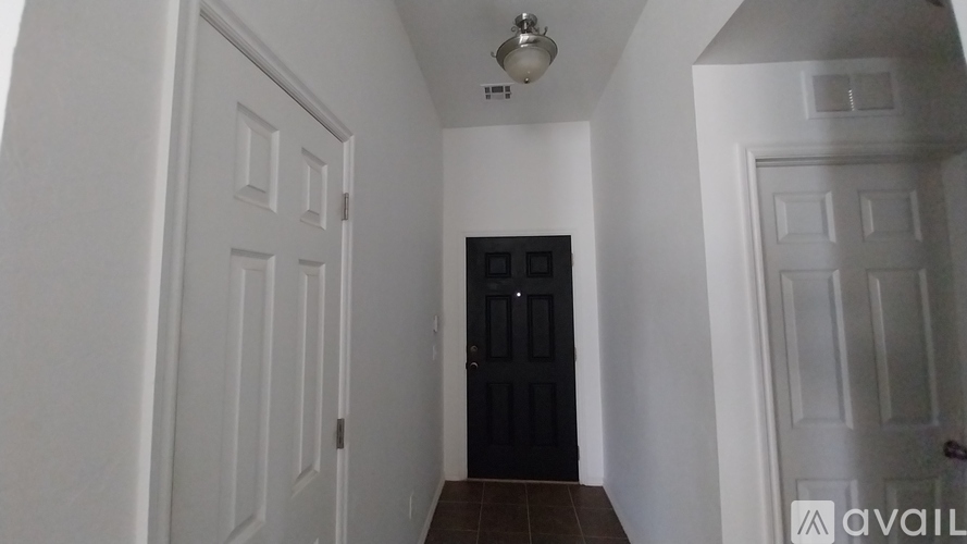 A black door is in the middle of a white wall.