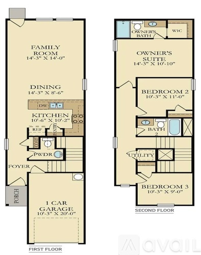 A floor plan of a two-story home with a garage and three bedrooms.