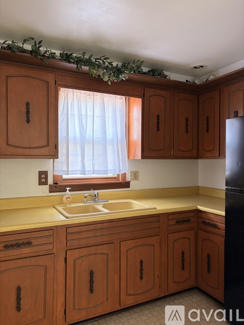 A kitchen with wooden cabinets and a sink.