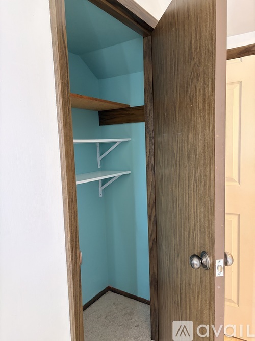 A room with a wooden door and a shelf above it.