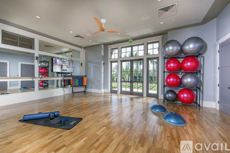 A gym with a variety of exercise equipment including a blue mat, a black foam roller, and a red exercise ball.
