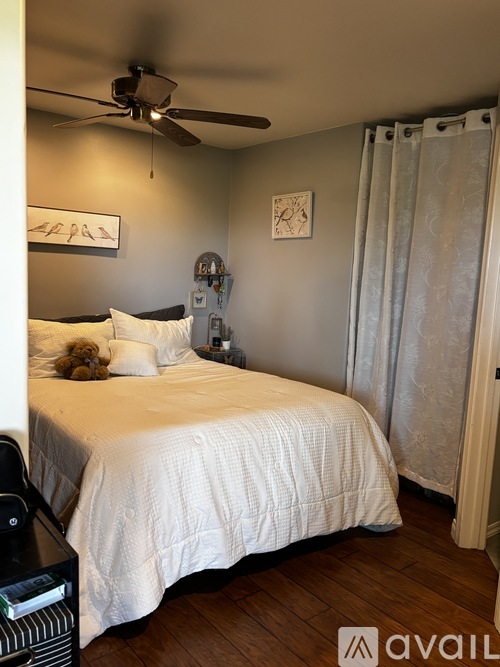 A bedroom with a bed, a ceiling fan, and a nightstand with a lamp.