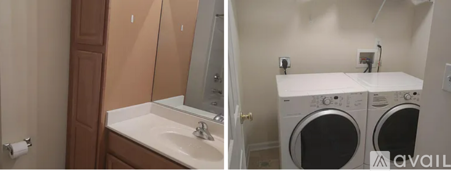 A bathroom with a sink and a washing machine.