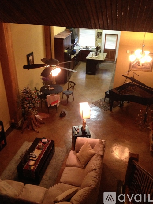 A living room with a Christmas tree and a ceiling fan.