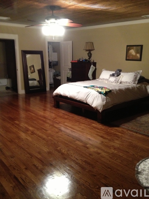 A bedroom with a bed, dresser, and mirror.