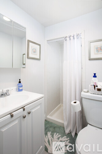 A white bathroom with a toilet, sink, and shower.