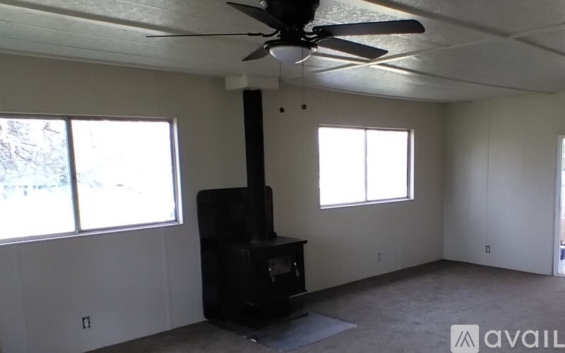 A living room with a wood stove and a ceiling fan.