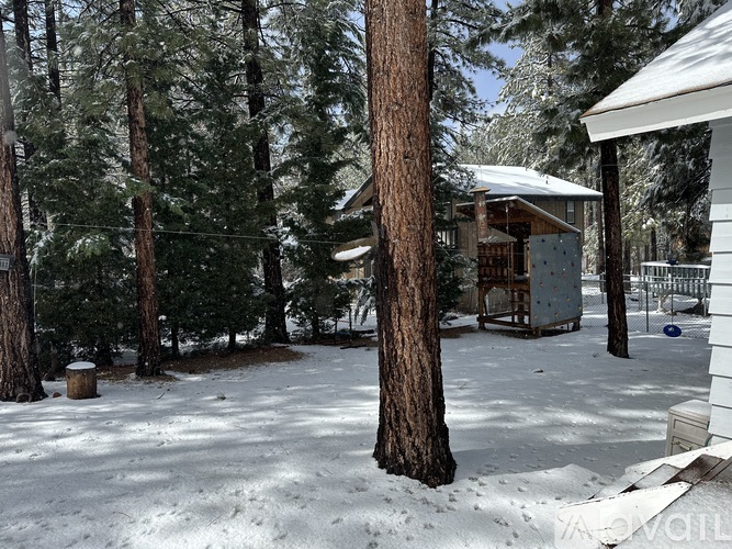 A snow-covered yard with a house and trees in the background.