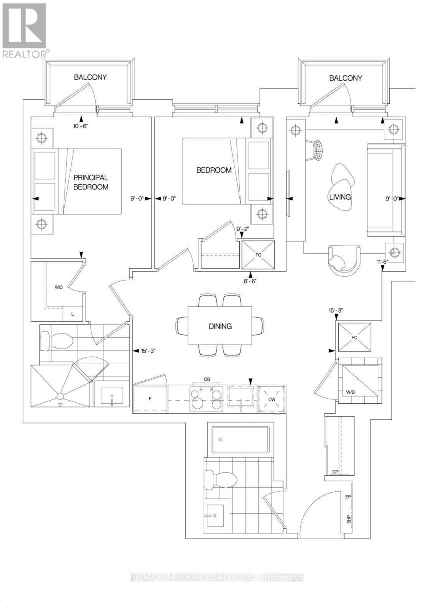A floor plan of a house with a balcony, principal bedroom, dining area, and living room.