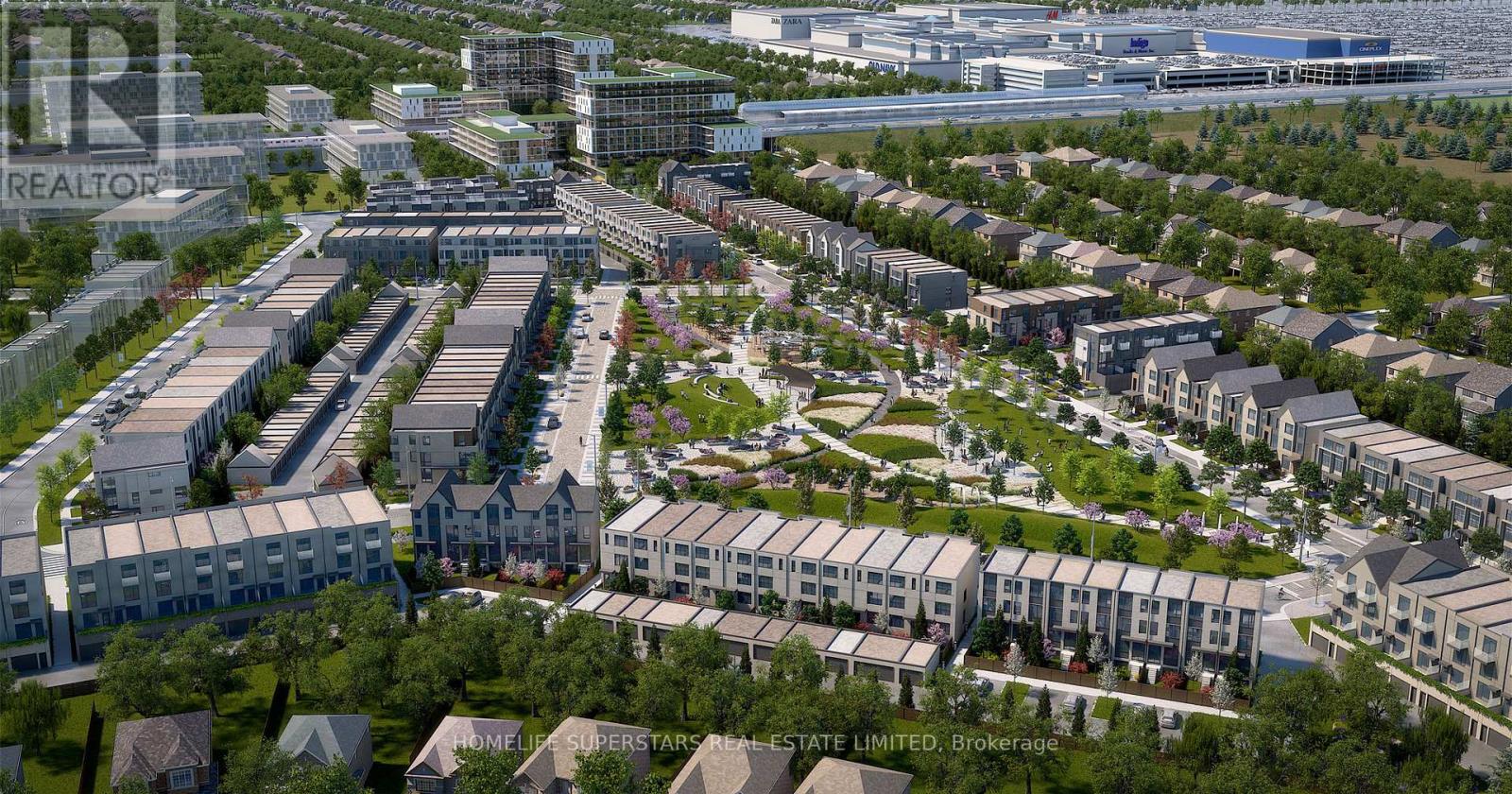 A bird's eye view of a residential area with apartment buildings and a road.