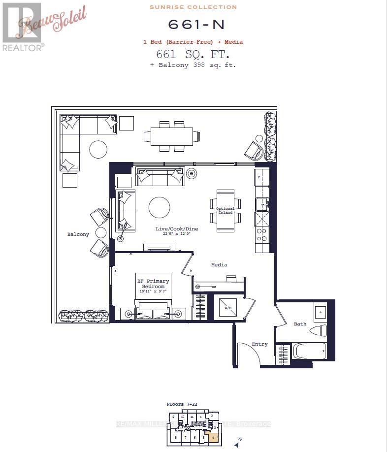 A floor plan for a Sunrise Collection apartment shows a 1 bedroom layout with a balcony.