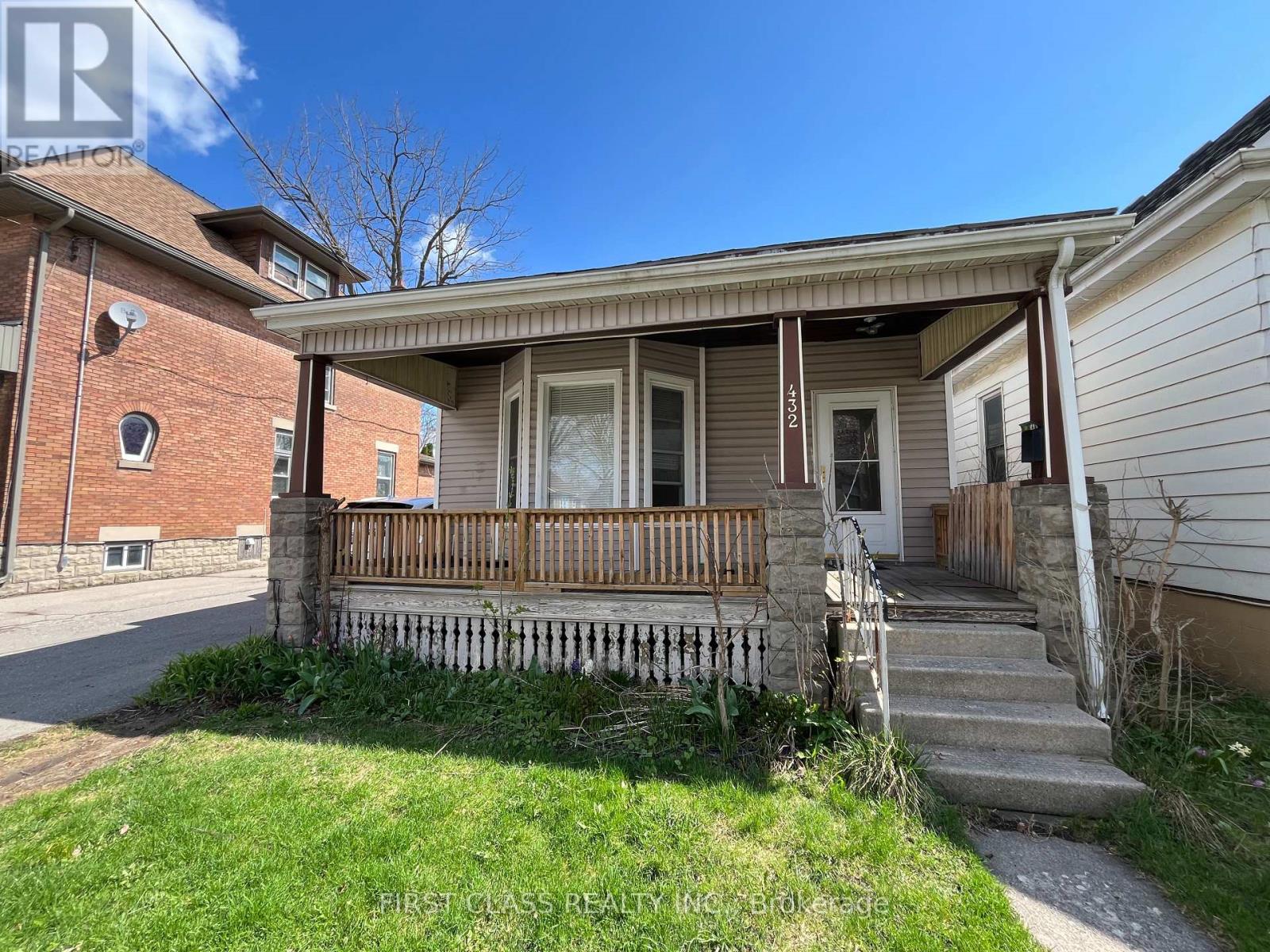 A house with a front porch and a small front yard.