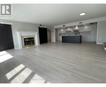 A spacious living room with a fireplace and a kitchen area in the background.