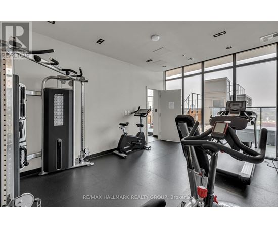 A gym with a row of treadmills and a row of weight machines.