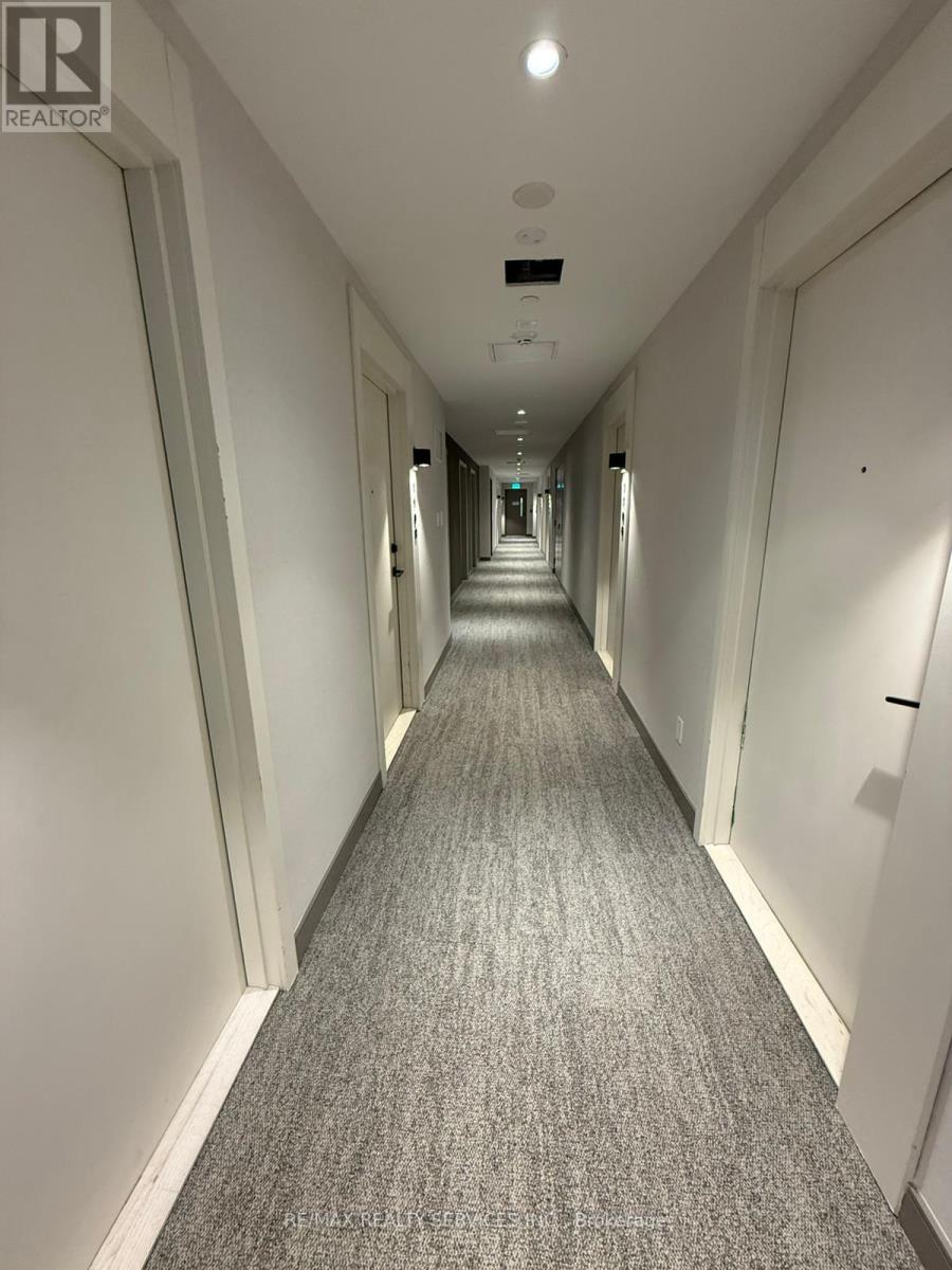 A long, narrow hallway with a carpeted floor and white walls.