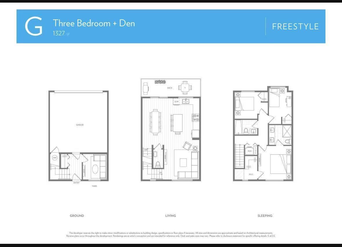 A webpage displays a floor plan for a three bedroom and den apartment.