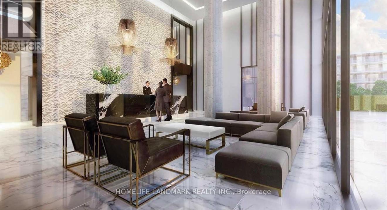 A modern living room with a stone wall and a glass door.